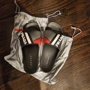 Prada Men's Black and Red Slide Sandals